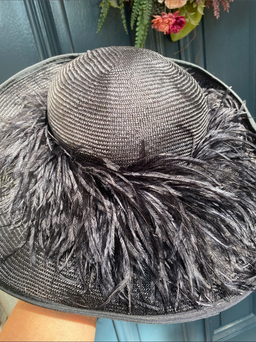 Vintage New York Model Women’s Black Straw Hat with Marabou Kentucky Derby